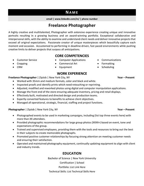Resume for freelance photographer